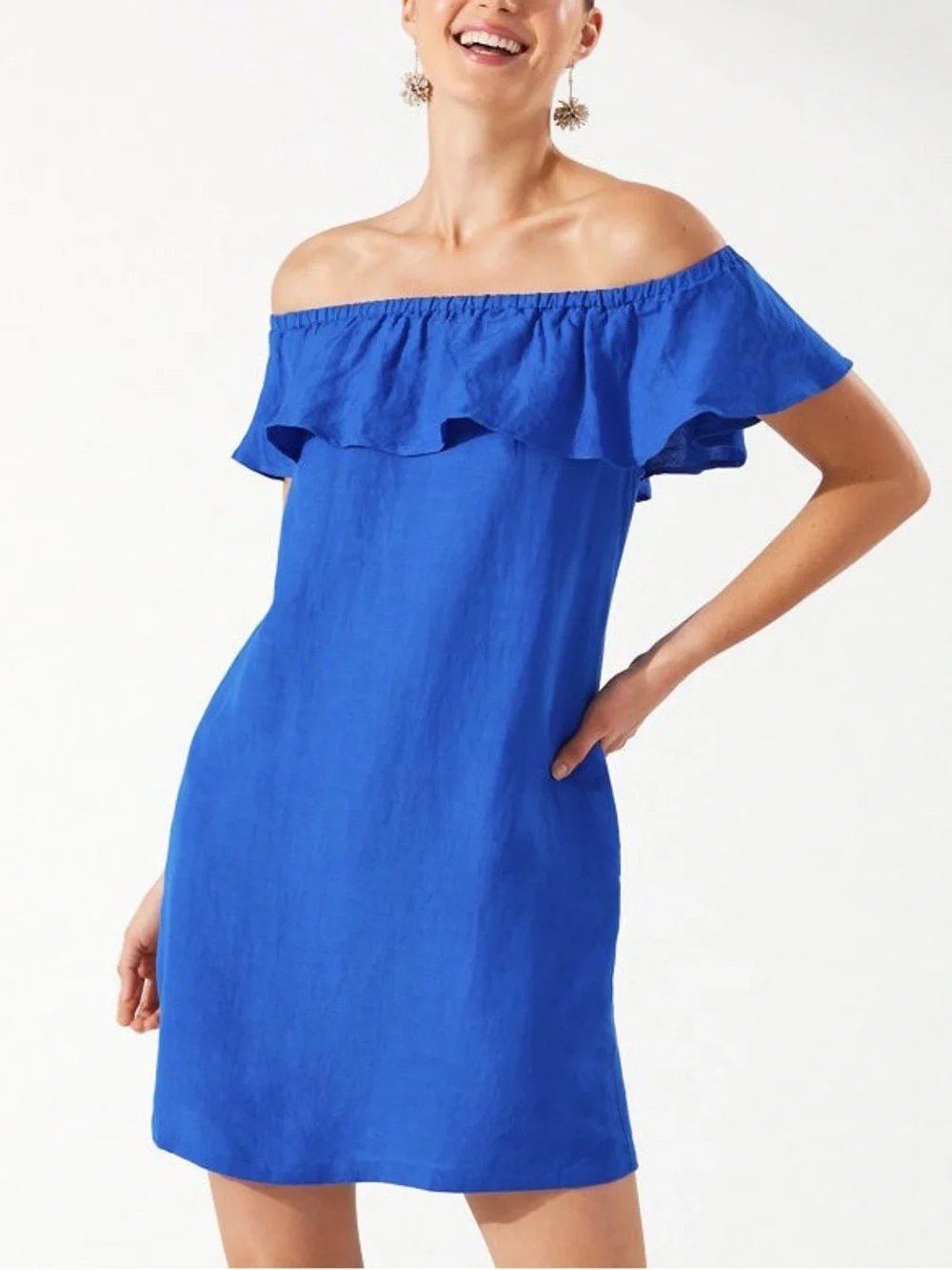 TOMMY BAHAMA ST LUCIA LINEN RUFFLE OFF SHOULDER BLUE COASTAL RESORT DRESS SZ S - Picture 2 of 3